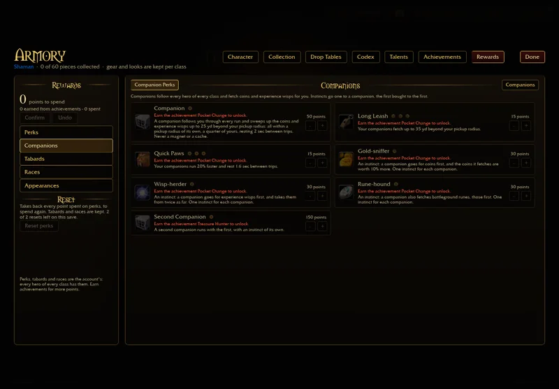 Companion Perks shows separate purchase gates, range, speed and instincts; no reward was purchased.