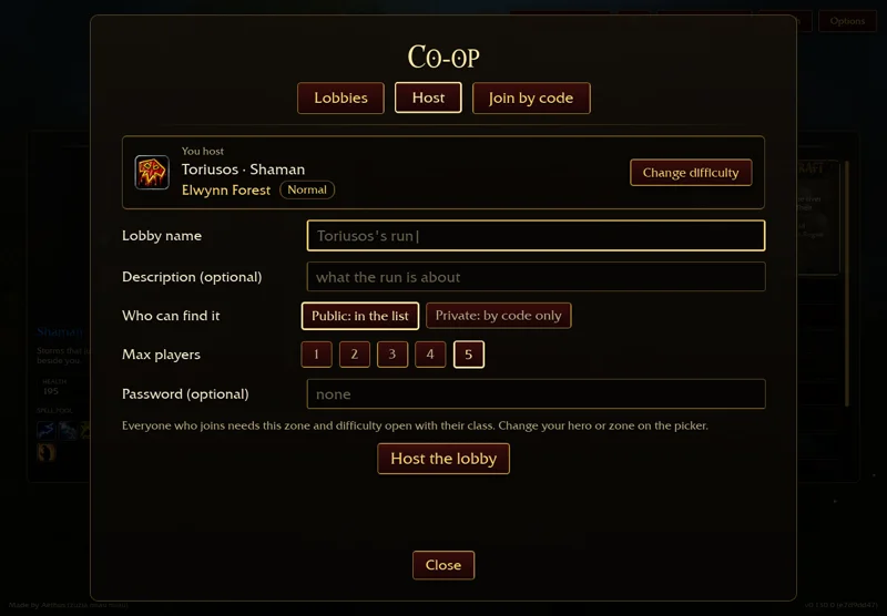 The original Host panel before creating a room. No public lobby or multiplayer run was created for this inspection.