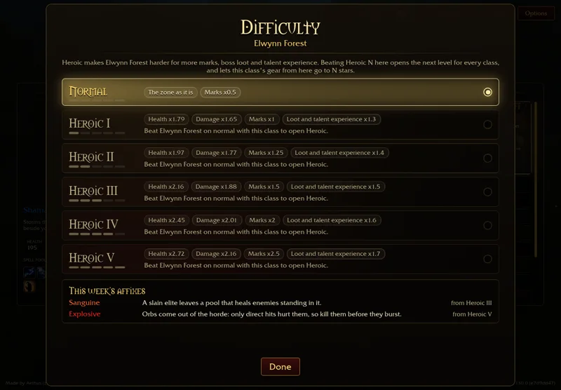 The captured Elwynn difficulty panel shows class unlock conditions, multipliers and dated weekly affixes.