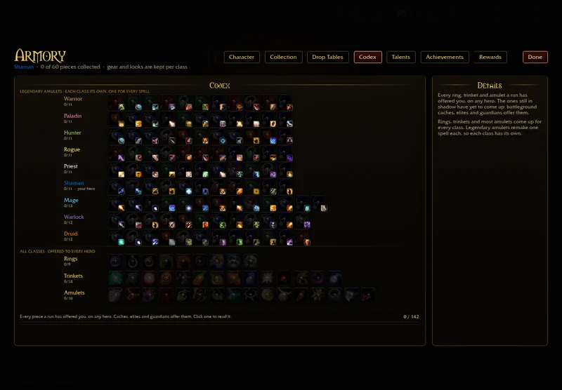 The Codex separates class legendary amulets from general jewelry and records discoveries on a fresh profile.