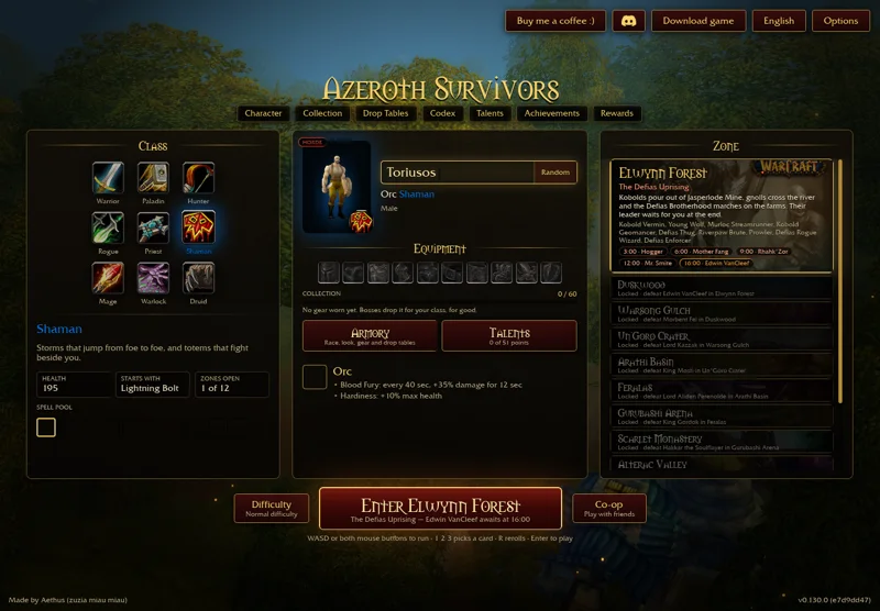 The current Shaman picker shows the default Lightning Bolt start; no developed talent allocation is implied.