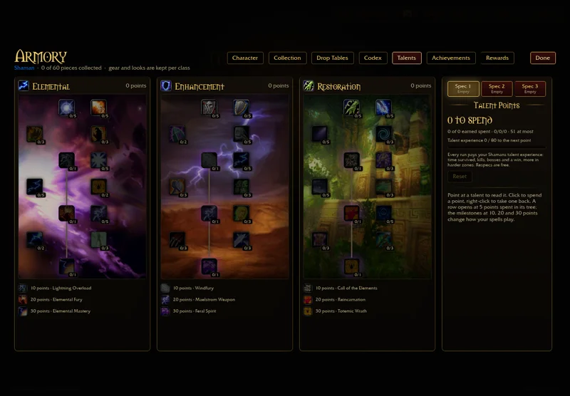 A fresh Shaman tree displays spend gates and a 51-point maximum, with no allocated points.