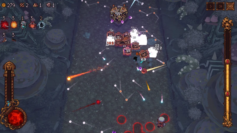 Ball x Pit combat with several balls on the field and the carried loadout at left