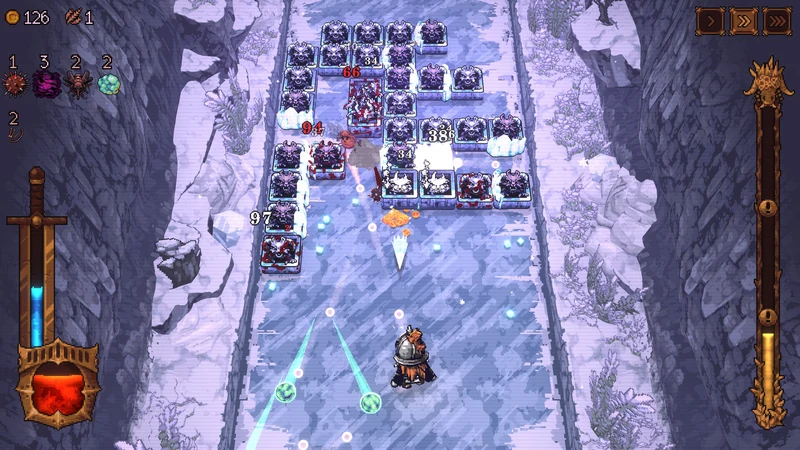 Ball x Pit ice-stage combat with the carried loadout displayed at left