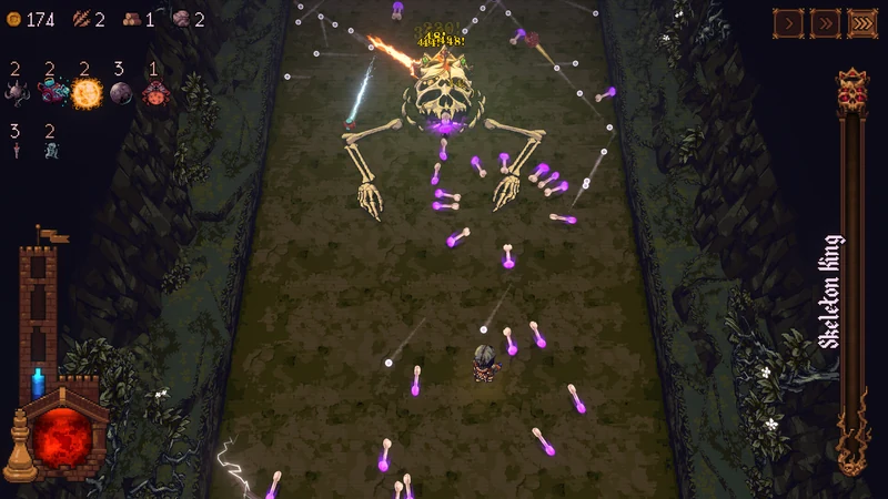 Ball x Pit battlefield with lightning effects and a multi-ball loadout