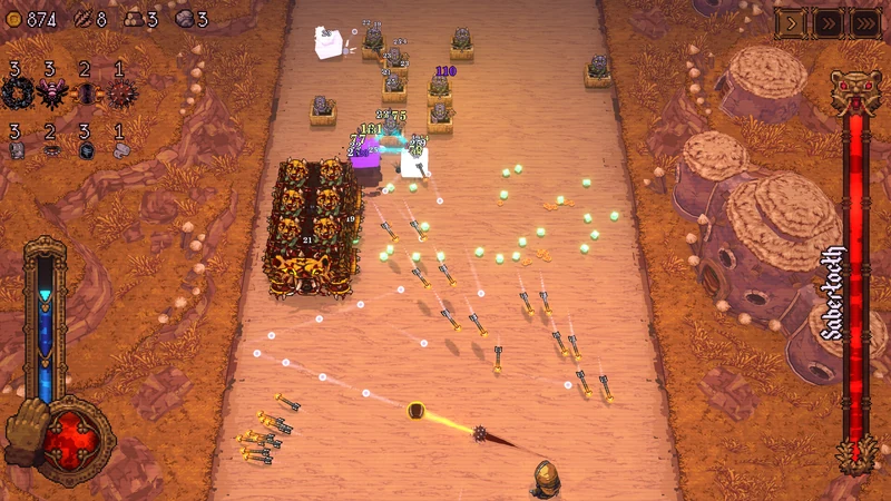 Ball x Pit run with carried passive icons displayed separately from the battlefield