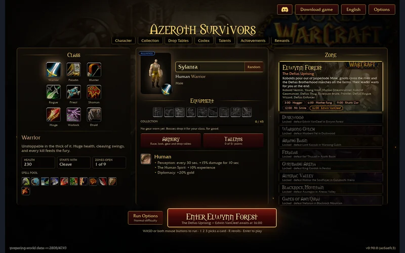 Hosted Azeroth Survivors v0.90.0 character menu showing Warrior, equipment slots and Elwynn Forest