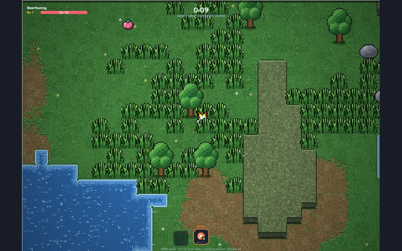 Scorbunny in a top-down grassy field in PokéSurvivor with the run timer at nine seconds