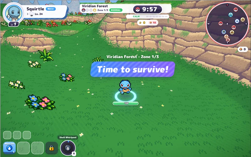 Squirtle at the start of Viridian Forest in PokeBonk, with the timer and minimap visible