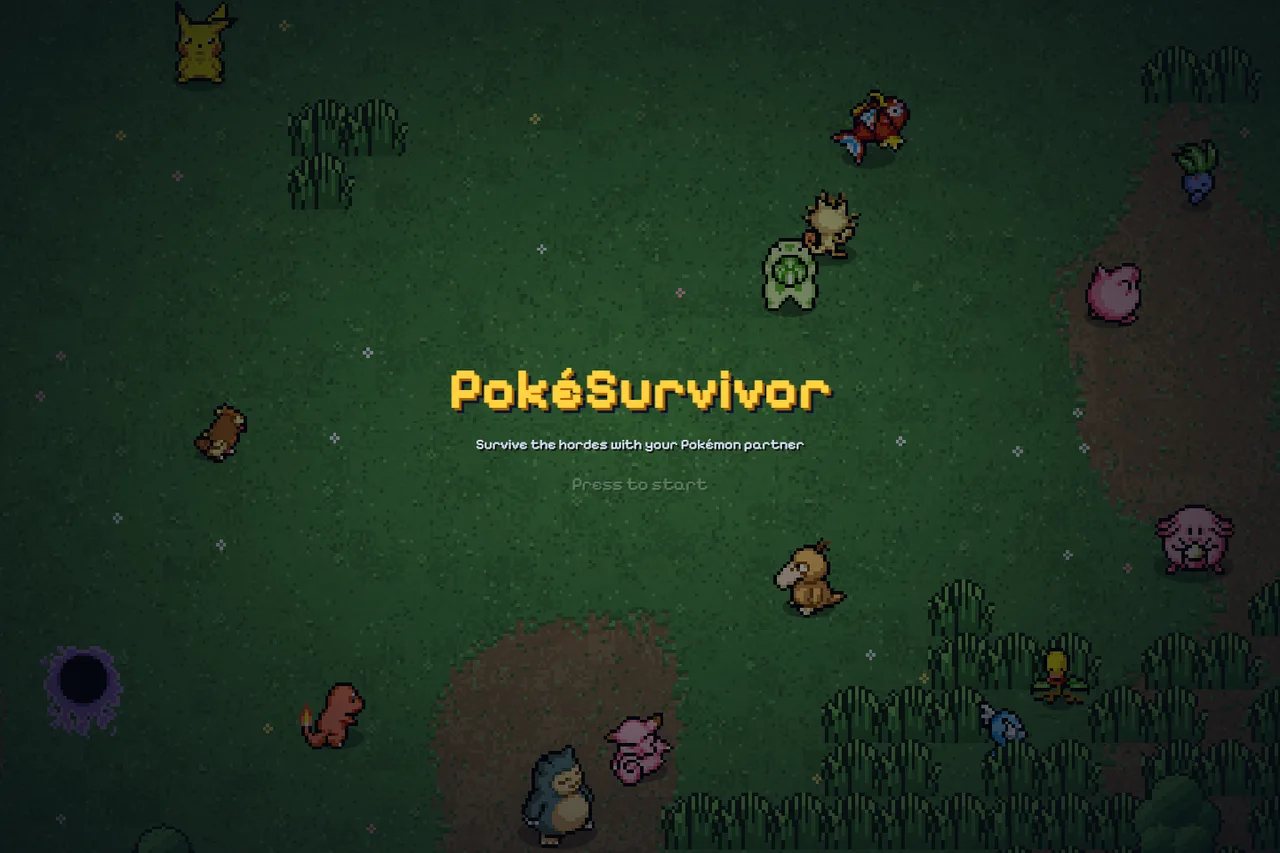 Original PokéSurvivor title screen with pixel Pokémon on a dark grassy field