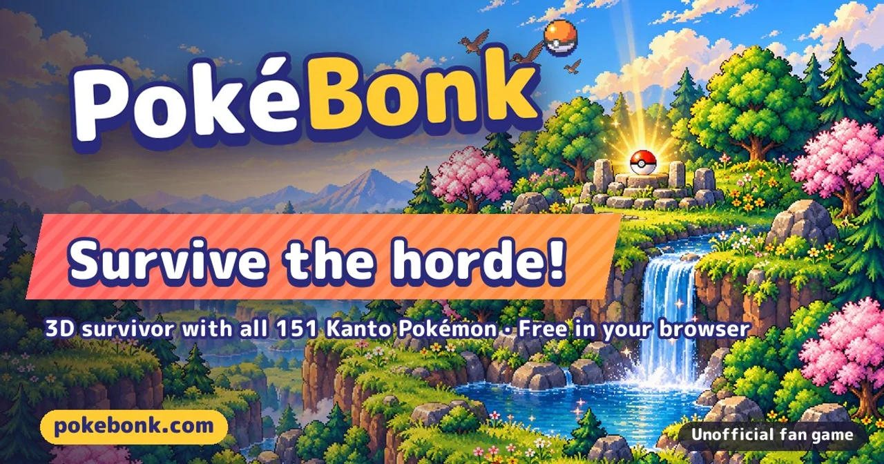 PokeBonk promotional artwork showing a forest, waterfall and stone altar