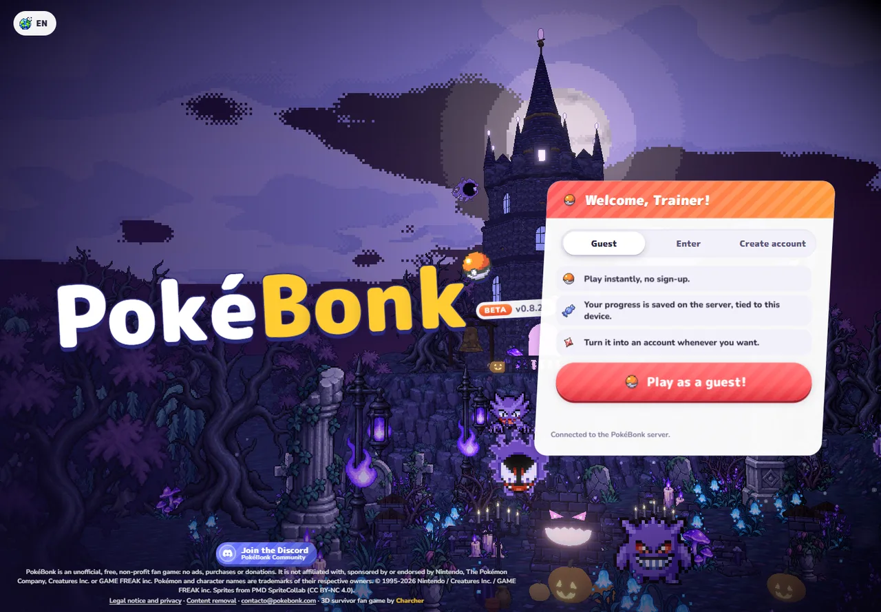 PokeBonk guest entry screen with Guest, Enter and Create account tabs